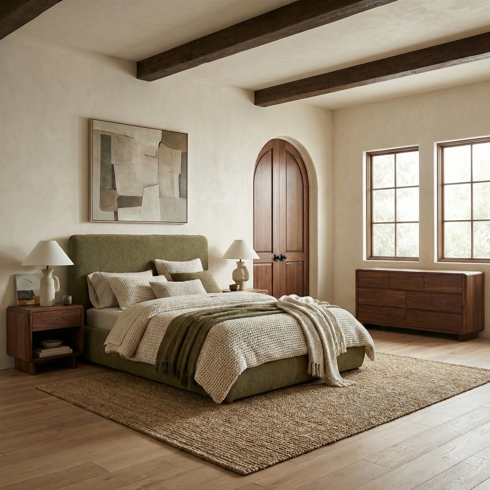 Callahan Linen Upholstered Bed, Olive Green Faux Sherpa, Full / Double