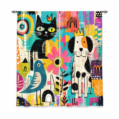 2 pièces rideaux fantaisistes à imprimé chat et chien, tissu filtrant la lumière, conception abstraite ludique, rideaux de protection de la vie privée, style passe-tringle, pour le salon, la chambre à coucher, la décoration pour adolescent