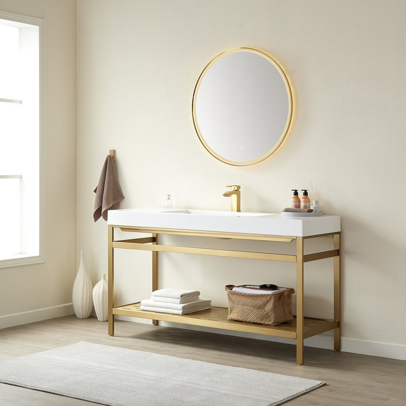 Ensemble de meuble-lavabo simple 60 po avec miroir Kenyatta, Or, Blanc, Or brossé