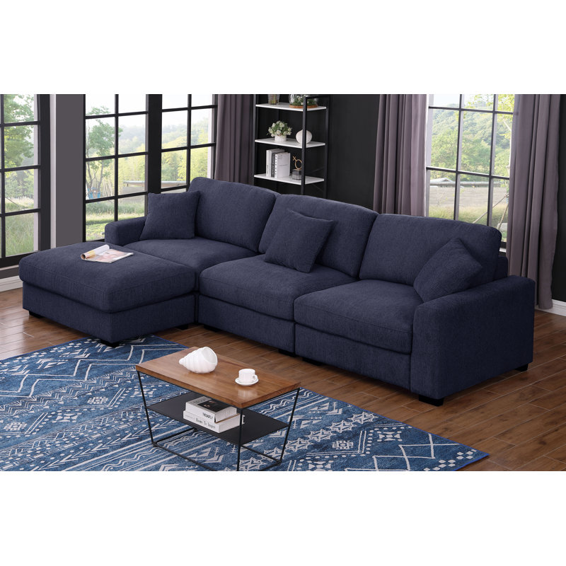 Modern Upholstered 4-Seats Couch With Wide & Deep Seat ,Removable Chenille Cover, Dark Blue Chenille