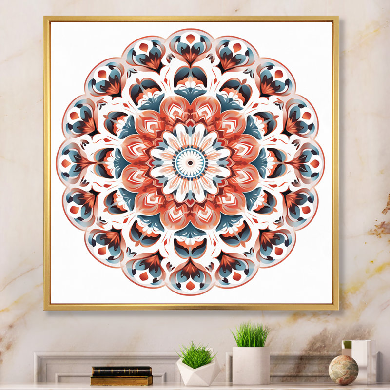 Mandala élémentaire sérénité en bleu et rouge, H 30 po x l 30 po x P 1 po, Cadre doré à une seule photo