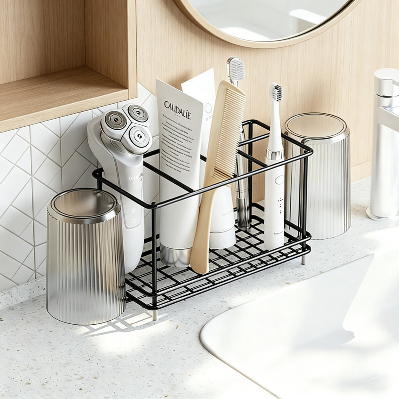 Porte-brosse à dents en acier au carbone avec plusieurs compartiments, crochets doubles et base antidérapante - Organisateur de brosse à dents électrique et de dentifrice pour comptoir, douche ou lavabo
