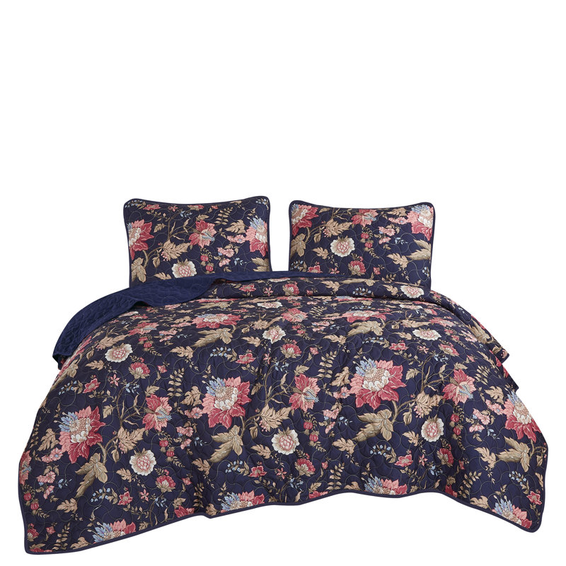 Ensemble de couvre-lit en microfibre 3 pièces, Couvre-lit grand + 2 taies décoratives standard, Bleu marine / rose Winona