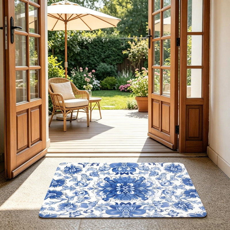 Blue White Porcelain Floral Door Rug 24"x 36" for Front Door