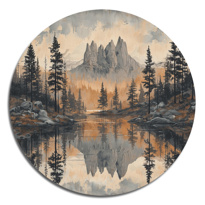 «Mountains Woodland Reflection In Canada I», reproduction d'art traditionnelle en métal gris, H 16 po x l 16 po