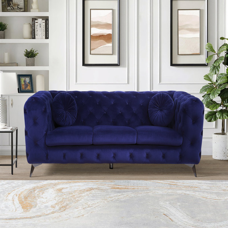 Godsey Upholstered Sofa with Metal Leg, Blue Velvet, 30" H x 71" W x 36" D