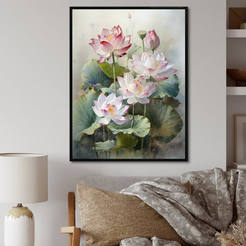 Lotus Exquis Bouquet I sur toile, Cadre flottant noir, 20" H x 12" W