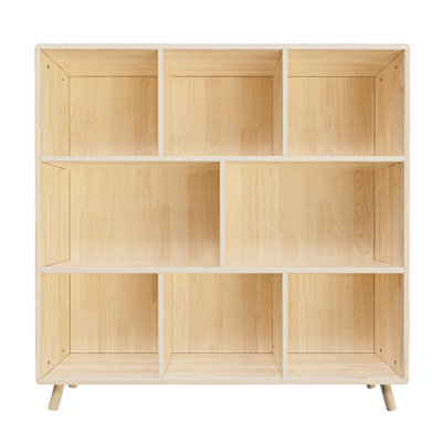 Rangement en bois de pin pour 8 livres, boîtes décoratives, et - L 44 po x H 44 po, conception à compartiments optimisés, fabrication verticale, bibliothèque arrière optionnelle avec tablettes fixes, fonctionnalité murale en croix