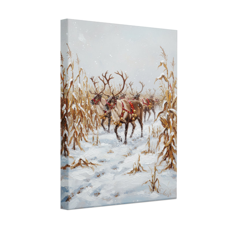 Ensemble de 3 reproductions d'art sur toile renne de Noël dans un champ de maïs enneigé, H 30 po x l 20 po