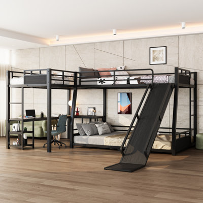 L-Shaped Metal Bunk Bed With Twin XL Loft Bed, Desk, Storage Shelves And Slide by 17 Stories