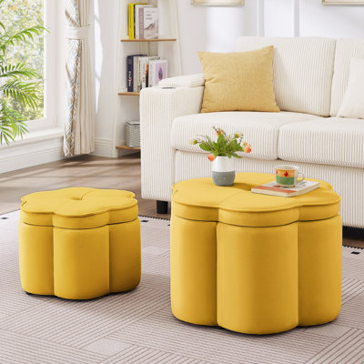 Ensemble de 2 repose-pieds avec rangement, repose-pieds en forme de pétale en forme de fleur, repose-pieds rembourré en velours avec rangement, pour le salon, le salon et l'entrée - jaune