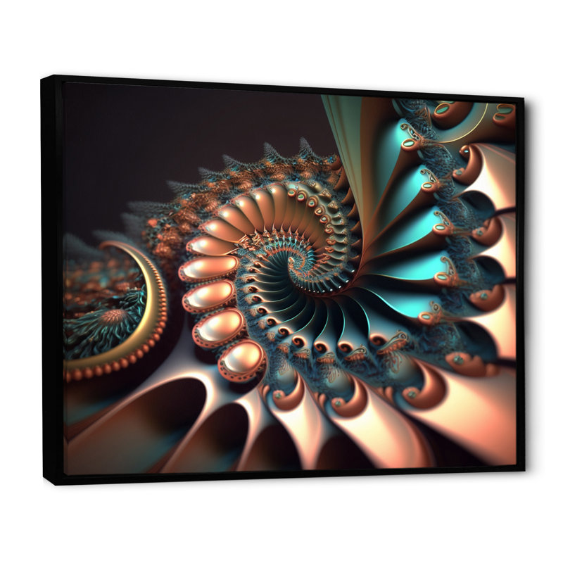 Fractal Wave en turquoise et or II - reproduction sur toile, H 12 po x l 20 po x P 1 po, Cadre flottant noir