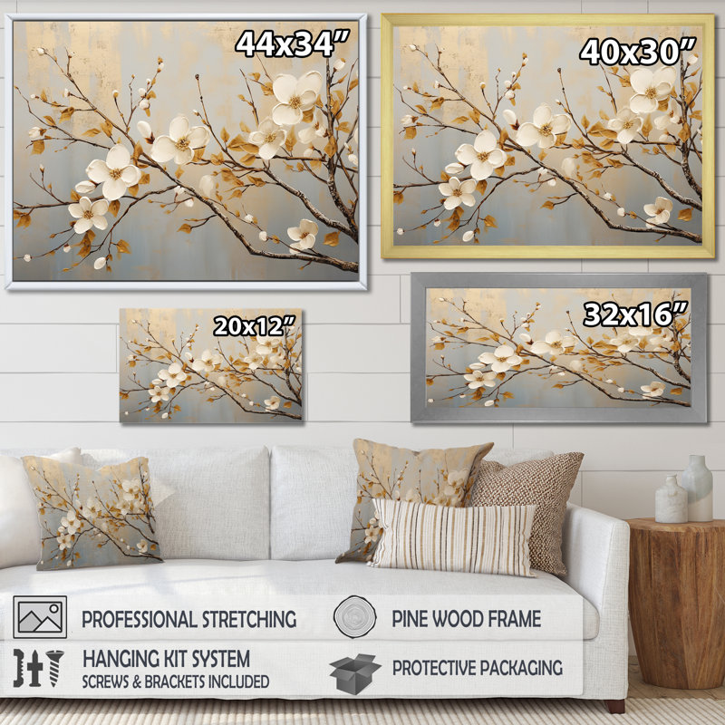 «White Dogwood Blossom Dreams III», reproduction sur toile, Cadre de coin argenté fermé, H 12 po x l 20 po x P 1 po