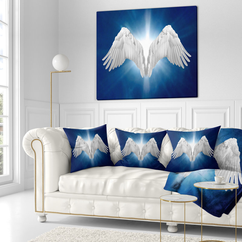 Ailes d'ange sur fond bleu - coussin imprimé abstrait, 18 po x 18 po, Coussin décoratif