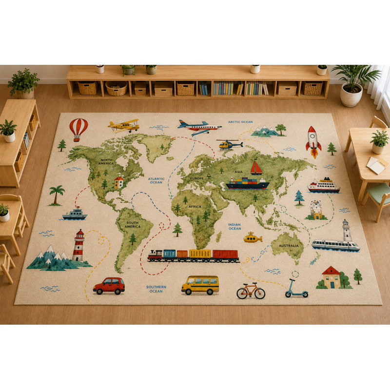 Tapis de voyage « ultra-fin » 152 x 213 cm, motif carte du monde, doux et à poils courts, avec envers antidérapant en silicone, beige, idéal pour la chambre d'enfant et la salle de jeux.