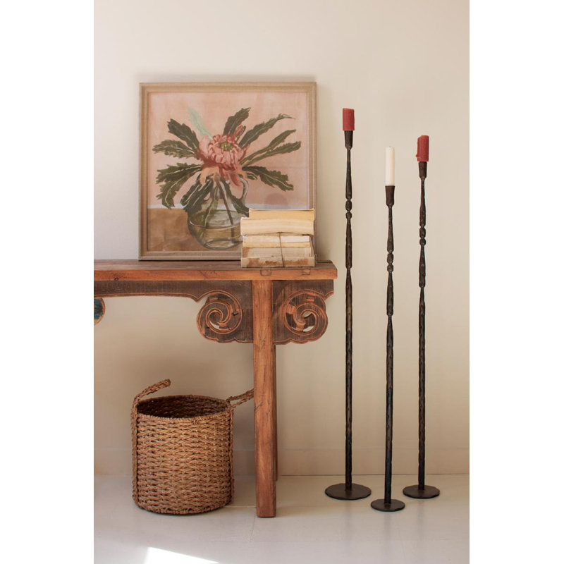  Set of Three Metal Taper Candle Holders Tall Forged Iron Antique Brass Finish Decorative Floor Decor Accent