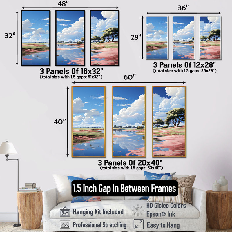 «Japanese Golf Course Landscape Harmony II - River», ensemble d'art mural, Cadre naturel flottant, H 40 po x l 60 po x P 1 po