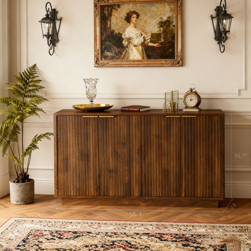 Buffet en bois avec rangement, grand buffet cannelé avec tablettes réglables, crédence, console d'appoint, Bois brun