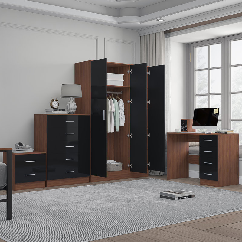 Eva Piece Bedroom Set, Black Gloss / Walnut