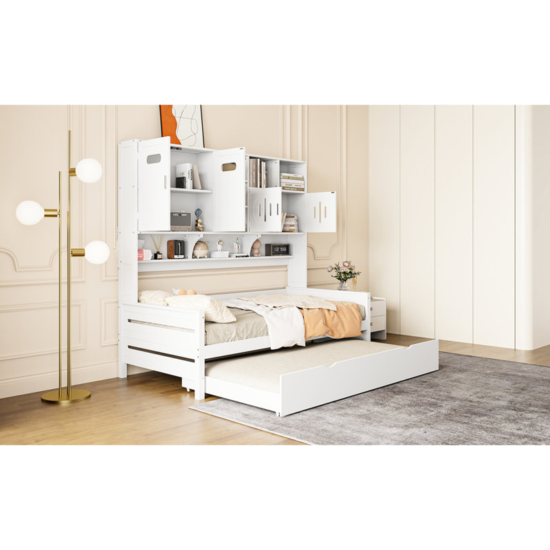 Lit de jour avec lit gigogne et tablette fonctionnelle - Structure en bois à la mode, Lit simple, Blanc
