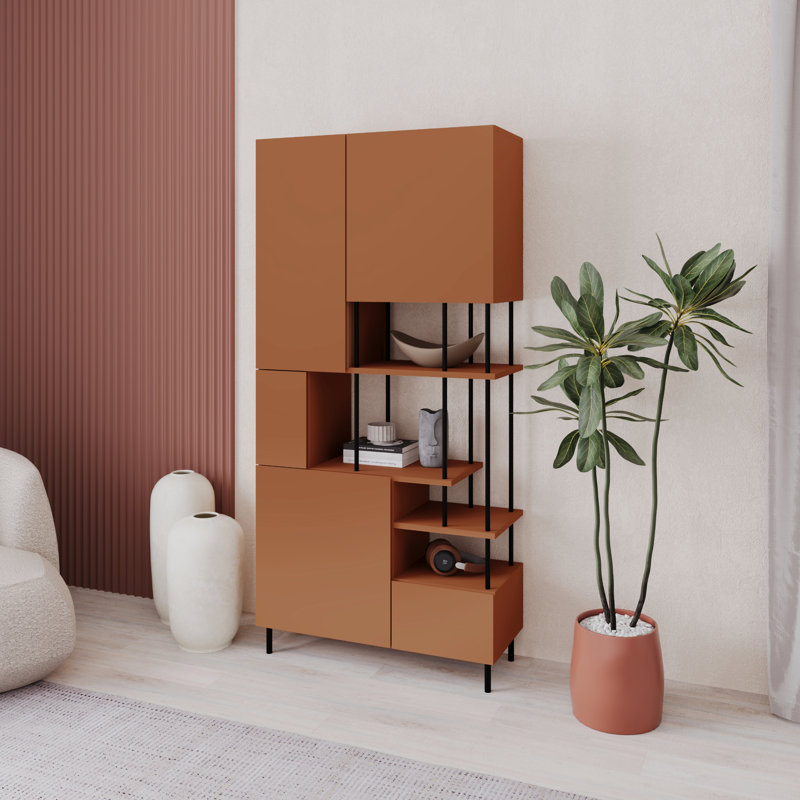 Key Modern Bookcase Display Unit with Closed Cabinets and Open Shelves, Cinnamon