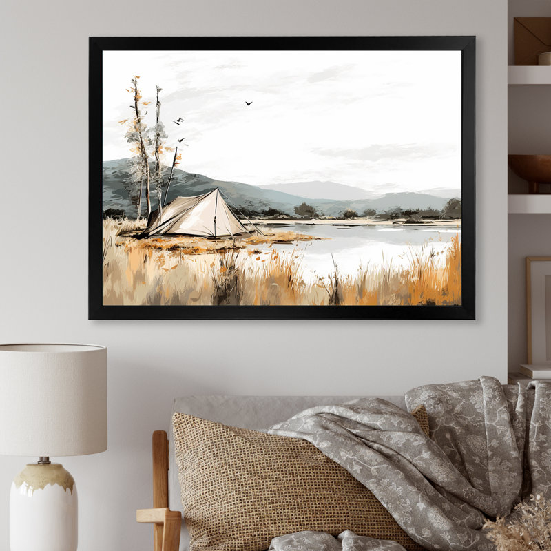 «Camping By The Lake Scenery - Camping Travel», reproduction sur toile, 34" H x 44" W, Silver Picture Framed
