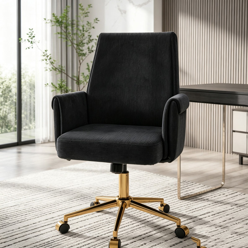 Chaise de bureau ergonomique à dossier moyen avec base dorée luxueuse, Velours côtelé noir