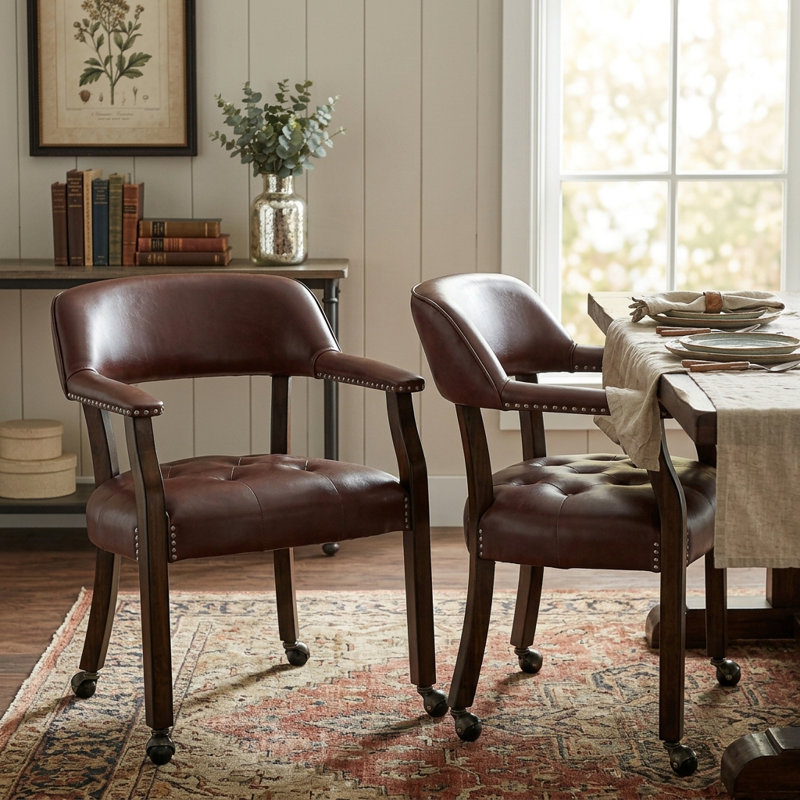 Ensemble de 2 chaises de salle à manger rembourrées de style Mid-Century moderne en bois synthétique avec accoudoirs et roulettes Wexford pour la salle à manger, la cuisine ou le bureau