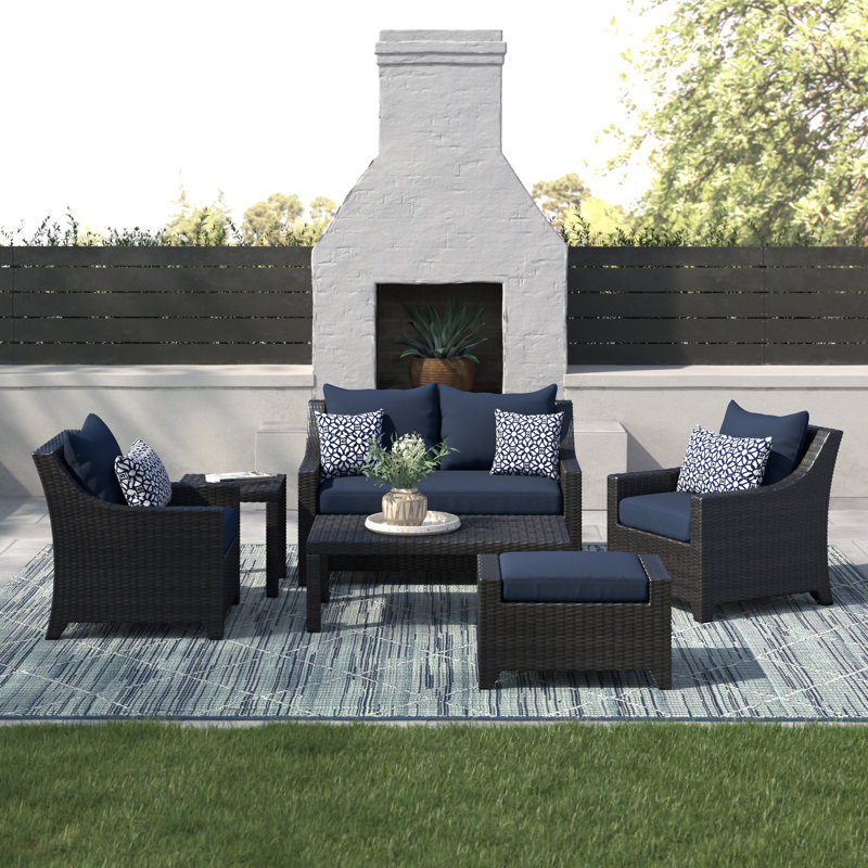 Ensemble de conversation de terrasse pour 5 personnes avec coussins Fionnula, Toile bleu marine Sunbrella®