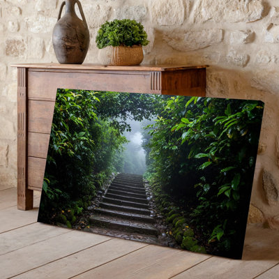 Canvas A Serene Misty Pathway Leads Through A Dense Lush Forest Wall Art With Vibrant Green Foliage Arching Overhead Creating A Canvas Wall Art