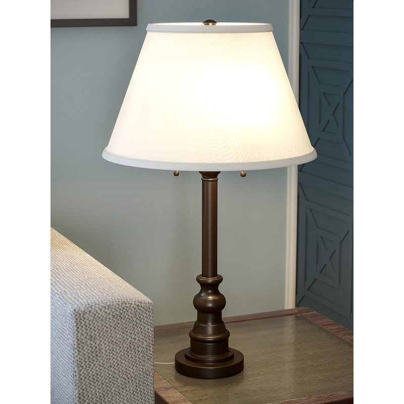 Bronze Table Lamp - Classic Retro-Modern Style With Linen Shade And Pull Chain Switches
