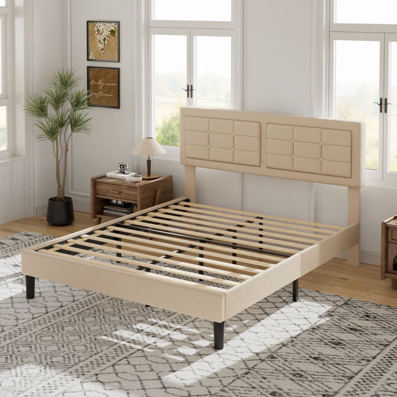 Kempst Full Size Bed Frame, Upholstered Full Platform Bedframe with Height Adjustable Tufted Headboard, Heavy Duty Mattress Foundation with Wooden Slats, No Box Spring Needed, Under Bed Storage