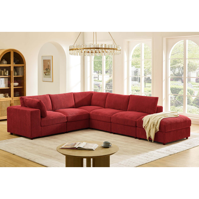 Canapé modulaire réversible modulaire avec configuration personnalisée, Red Corduroy, 33" H x 122" W x 104" D