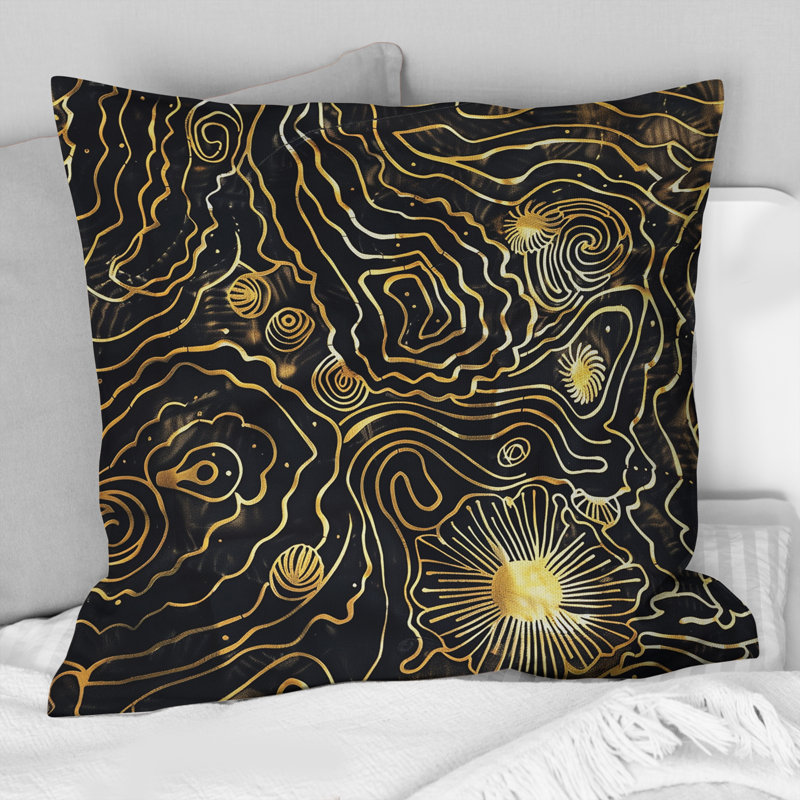 Or noir abstrait Waze - coussin abstrait, H 16 po x l 16 po, Carrée