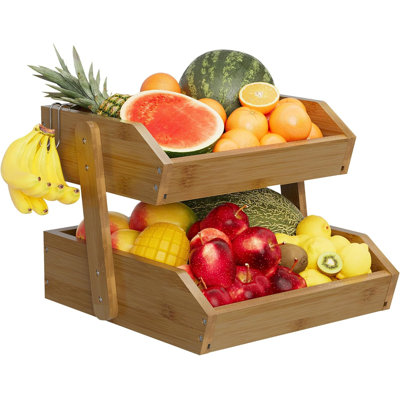 2 Tier Fruit Basket For Kitchen Counter, Large Capacity Fruit Storage Countertop, Fruit Holder, Wooden Pantry Organizers And Storage, Kitchen Countertop Organizer With Two Banana Hangers (Walnut)