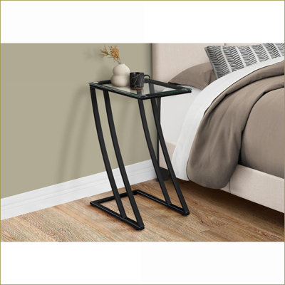 Table basse moderne en forme de C pour salon / chambre à coucher, plateau en verre trempé à base en Z gris, facile à assembler
