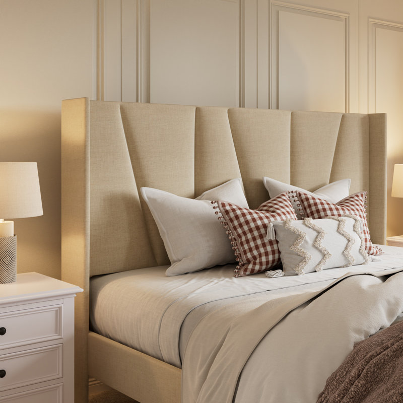 Lit plateforme tapissier avec tête de lit à oreilles Canuto, Grand, Blanc, crème