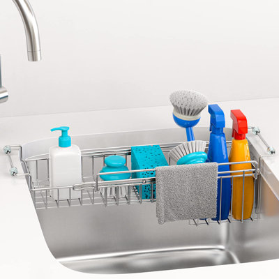 Organisateur d'évier de cuisine ajustable en acier inoxydable, chariot extensible au-dessus de l'évier avec séparateurs, support utilitaire pour éponges, brosses et vaisselle, convient aux éviers de 11 à 15 pouces