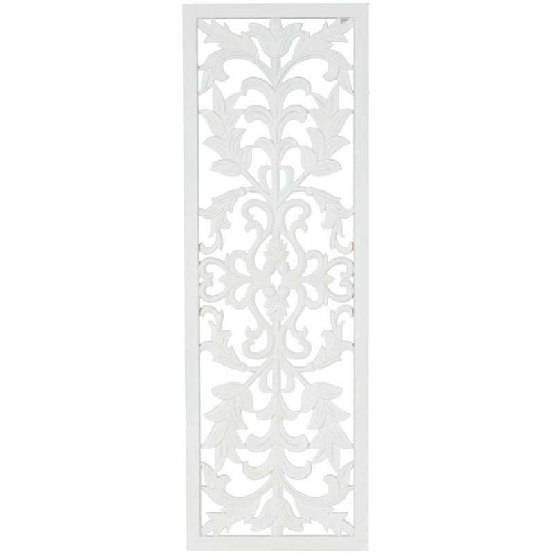 Wood Carved Panel Floral White Wall Decor with Scroll Details