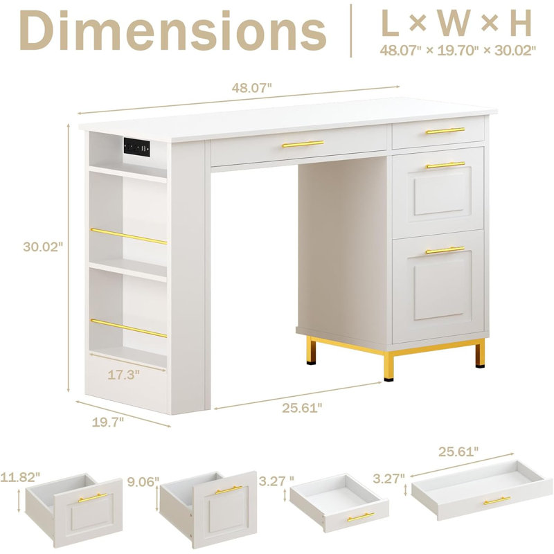 48 Inch Home Desk with Gold Handle Drawer and Power Outlet Computer Desk with Storage Shelf, White