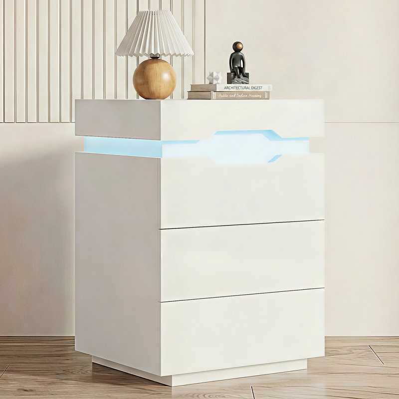 Modern LED Nightstand with Charging Station, 2/3 Drawers, Bedside Table with Ambient Lighting & Storage for Bedroom, 27, 1