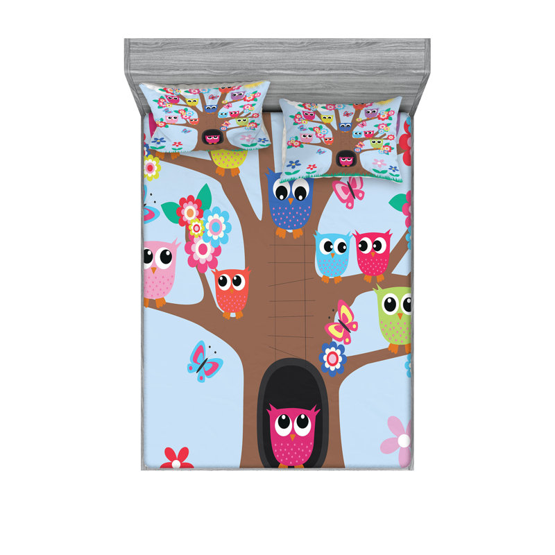 Multicolore ensemble de draps et taies décoratifs Ambesonne Owl, Ensemble de draps pour grand lit + 1 drap-housse +