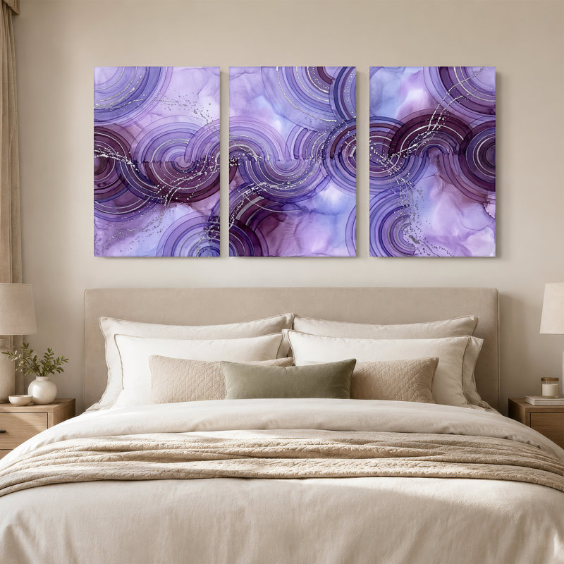 Ensemble de 3 toiles mauves et argentées, H 30 po x l 20 po x 3 pièces