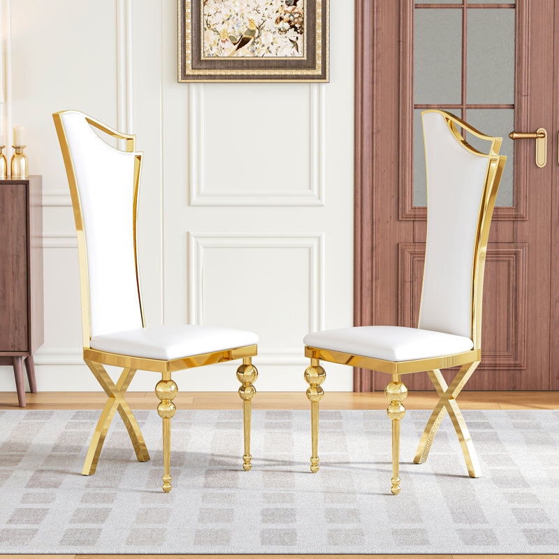 47" Mondern Dining Chairs Set, PU Leather High Back Seat, X-Shaped Gourd Legs, Gold Stainless Steel Frame, 4, White