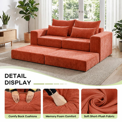 Canapé modulaire à compression 93,2 po, canapé convertible surdimensionné en chenille avec repose-pieds, canapé bloc amovible en orange et ivoire pour le salon, l’appartement et l’espace de jeu