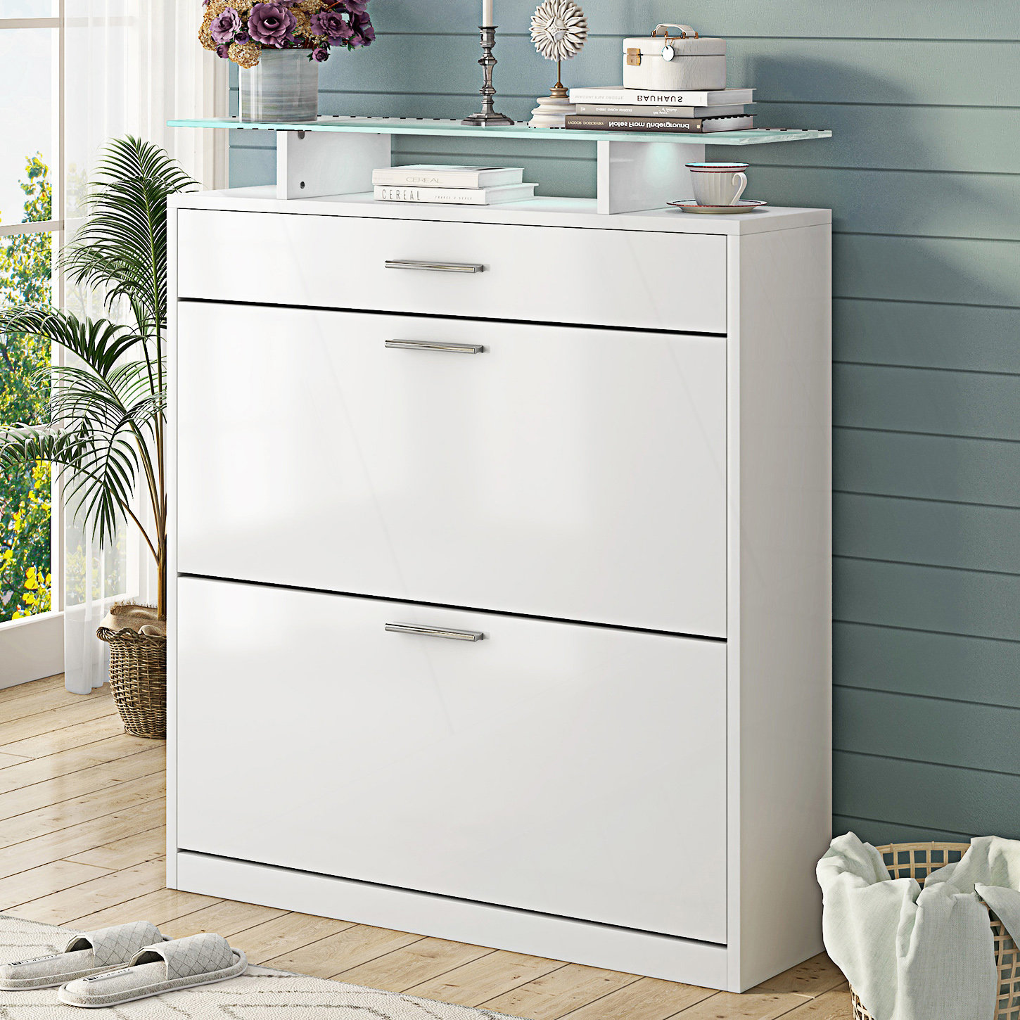 Ivy Bronx Slim Entryway Organizer With 2 Flip Drawers, Tempered Glass ...