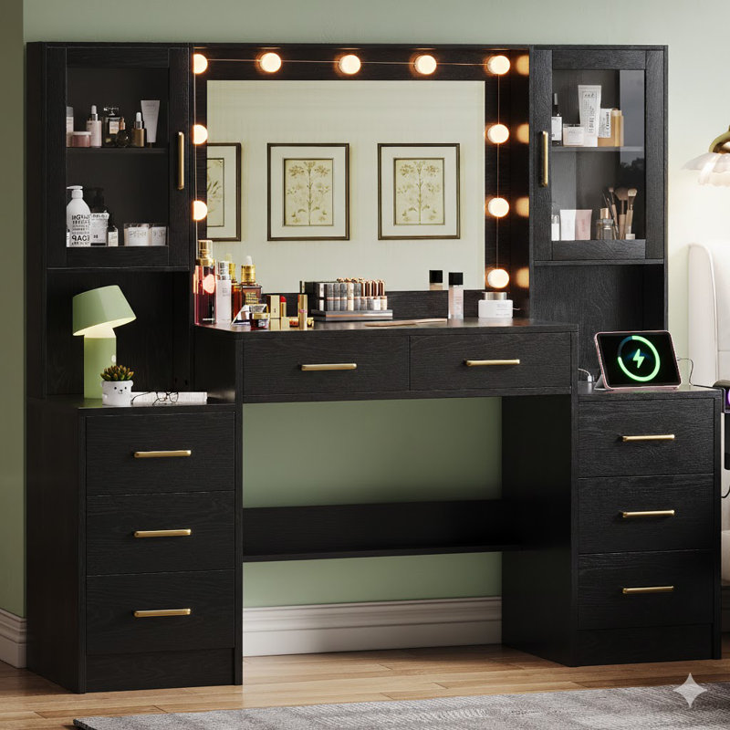 58.25”vanity Desk With Mirror And Charging Station, 8 Drawers And 2 Cabinets, Black