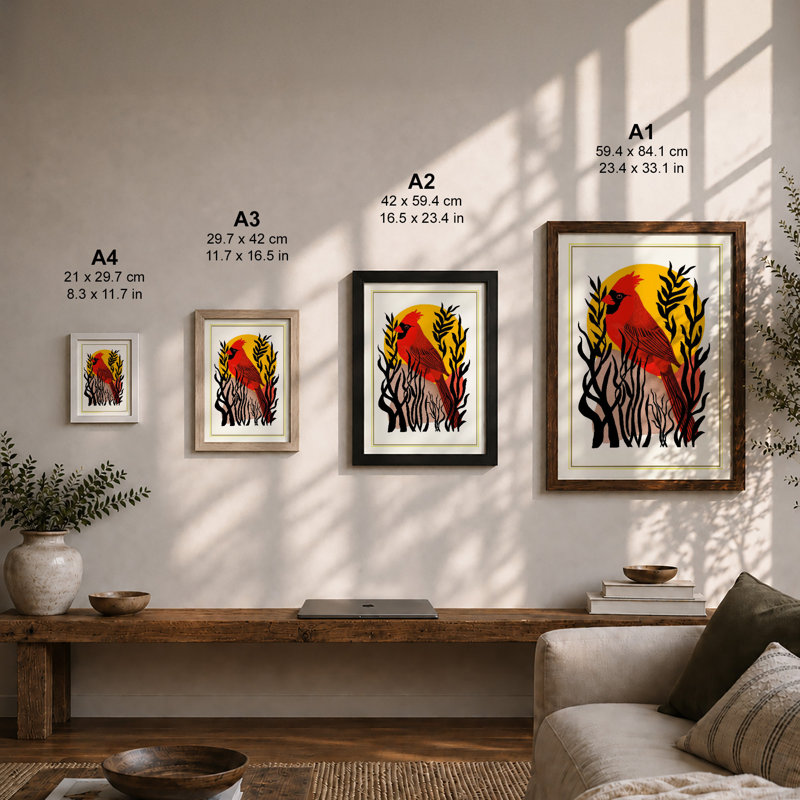Bird And Rising Sun Botanical - Print, A4 - 29.7 x 21.0 cm, White