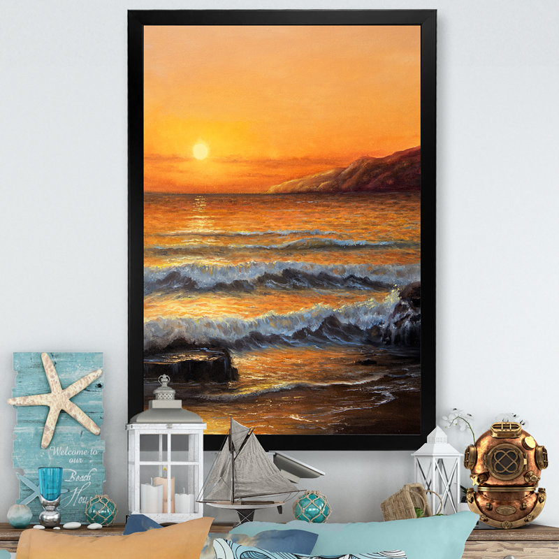Golden Waves at Ocean Sea Shore - Impression sur bois orange nautique et côtier, Cadre photo noir, H 20 po x l 12 po x P 1 po