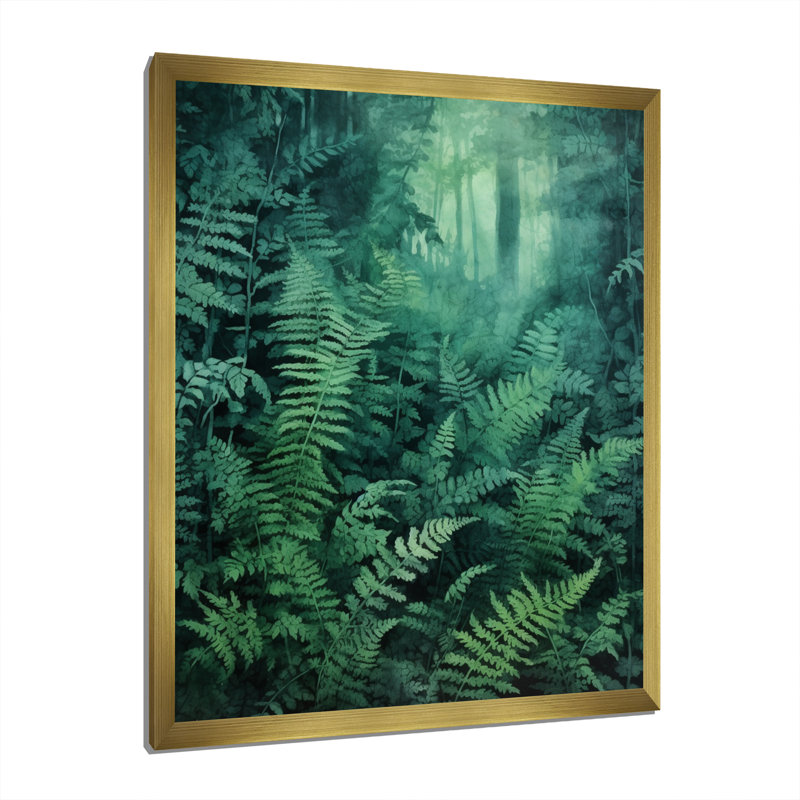 Fougère verte sur toile, Encadrement doré, H 32 po x l 24 po x P 1 po